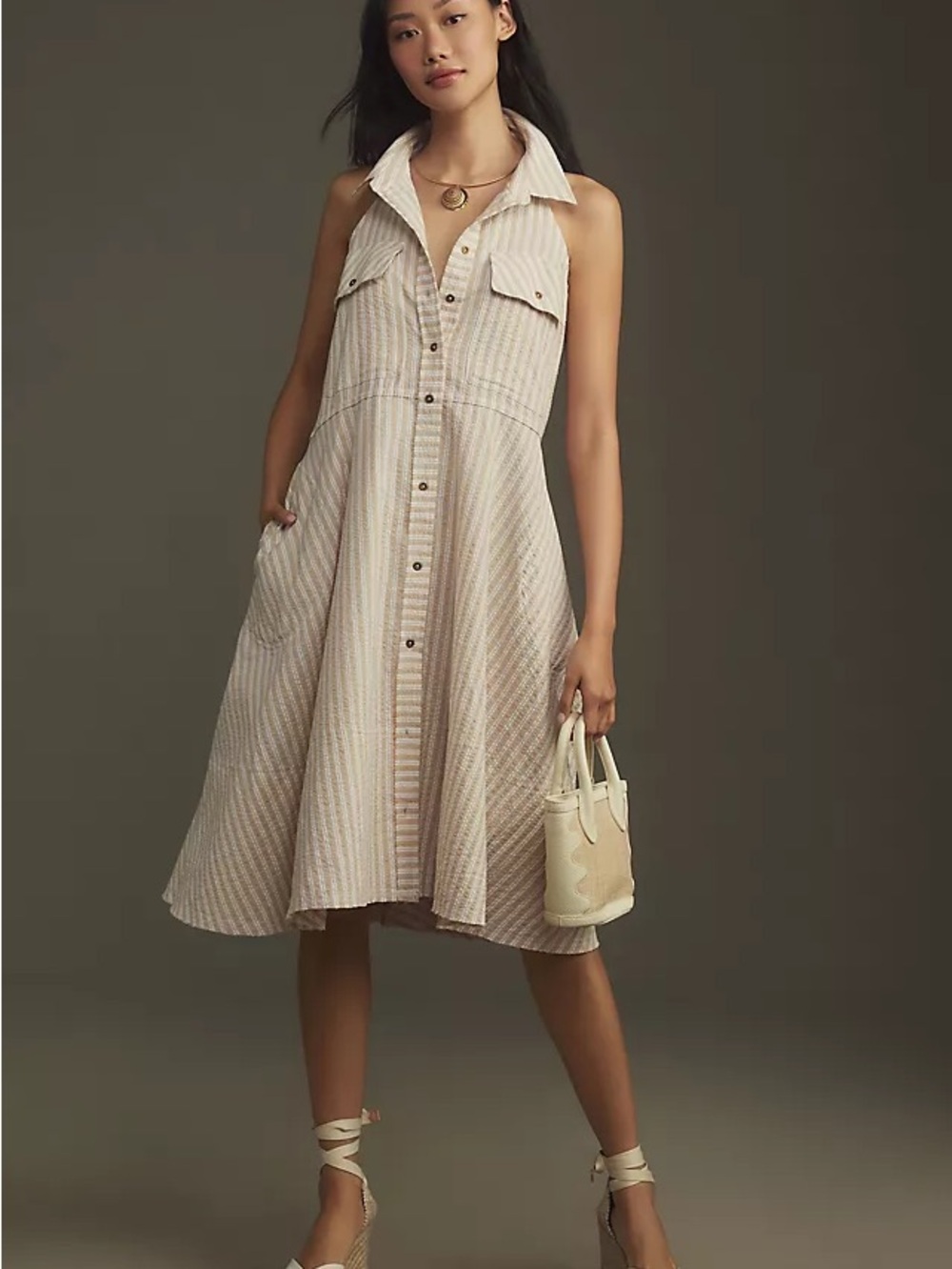 Pilcro Striped Button-Down Sleeveless Halter Midi Dress Size MP